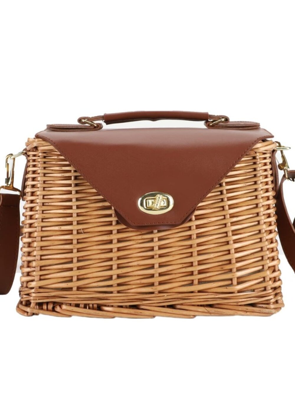 Wicker Handbag Straw Purse for Women, Hand Woven Rattan Bag with Leather Strap